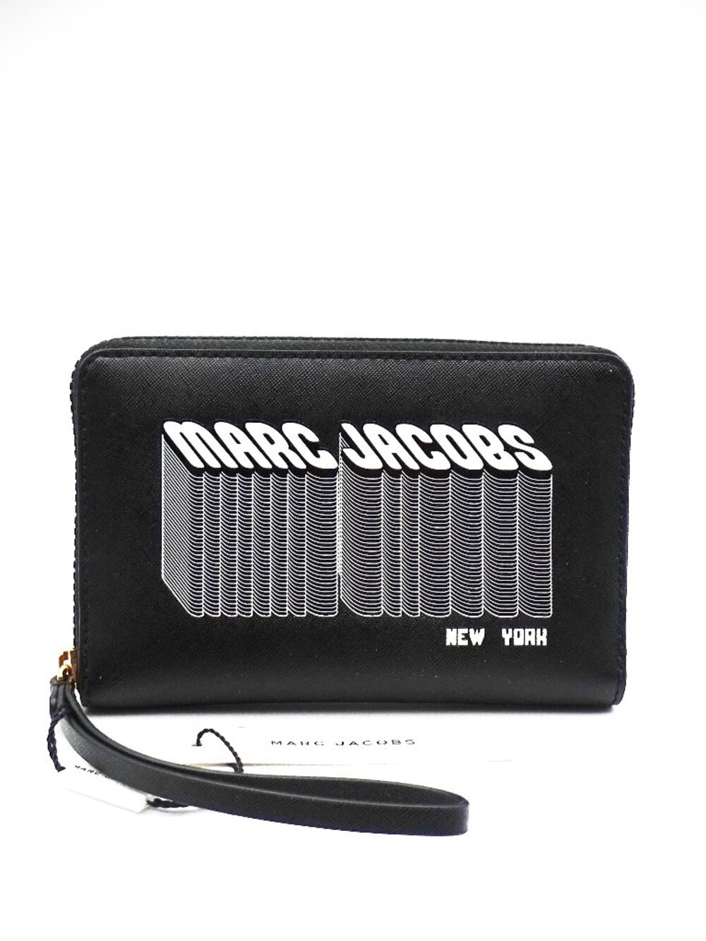 MARC JACOBS NWT Black Saffiano White Logo Zip Around Wristlet Wallet